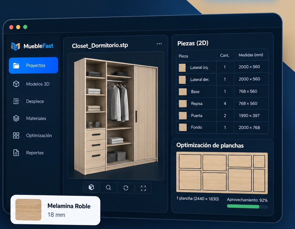 Vista de MuebleFast mostrando mueble, despiece y optimización de planchas
